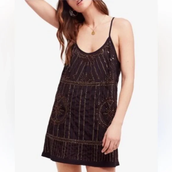 Free People Sedona Embellished Black and Gold Sequin Mini Slip Dress - Picture 1 of 11